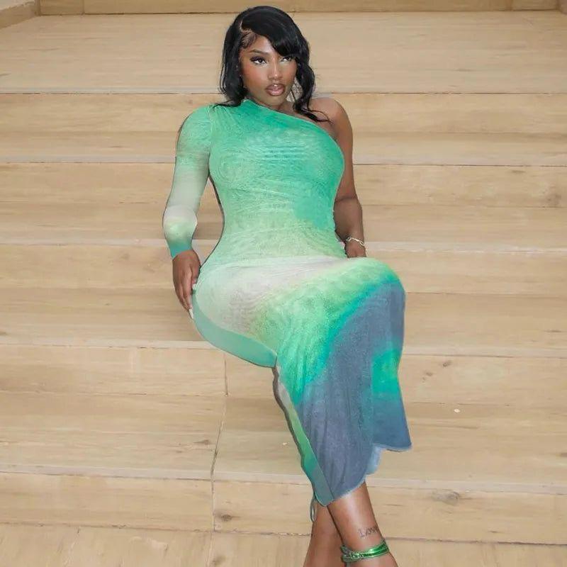 Zuri Luxe One-Sleeve Bodycon Dress โ Ombre Green