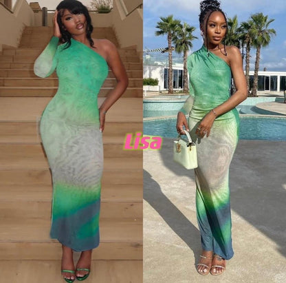 Zuri Luxe One-Sleeve Bodycon Dress – Ombre Green